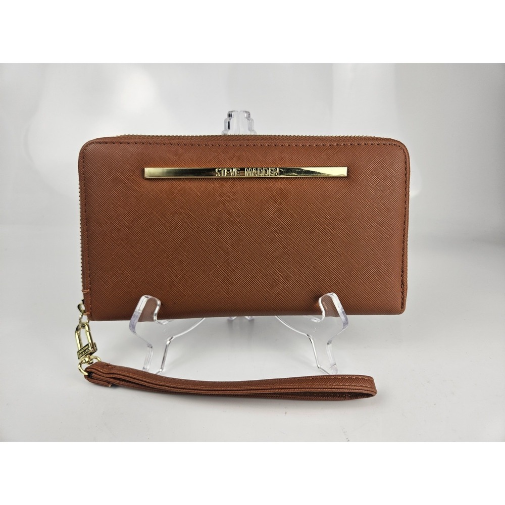 Steve Madden Zip Around Wristlet Wallet Cognac Brown Saffiano Gold Hardware